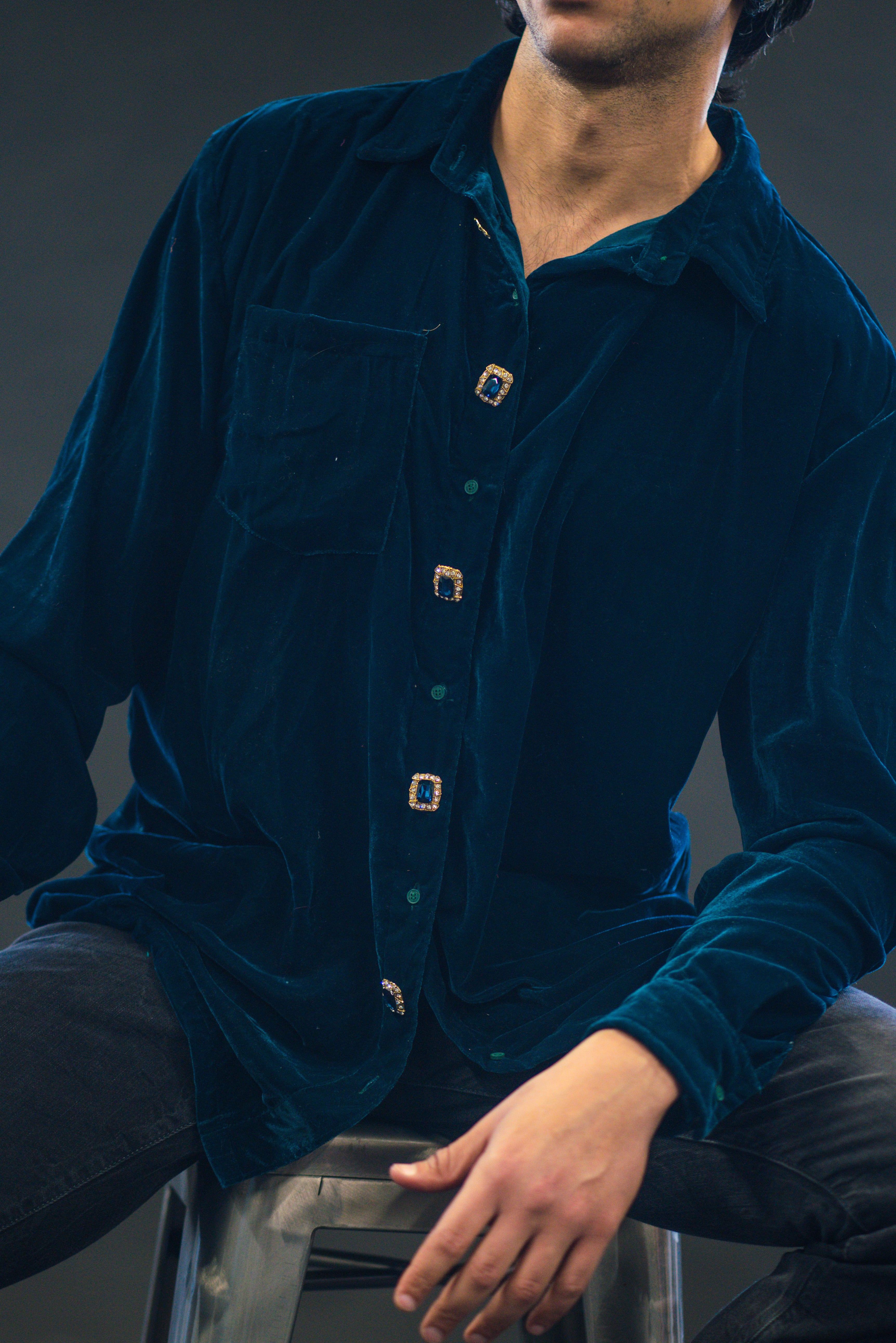 velvet dress shirt Teal Velvet Shirt Hope / L