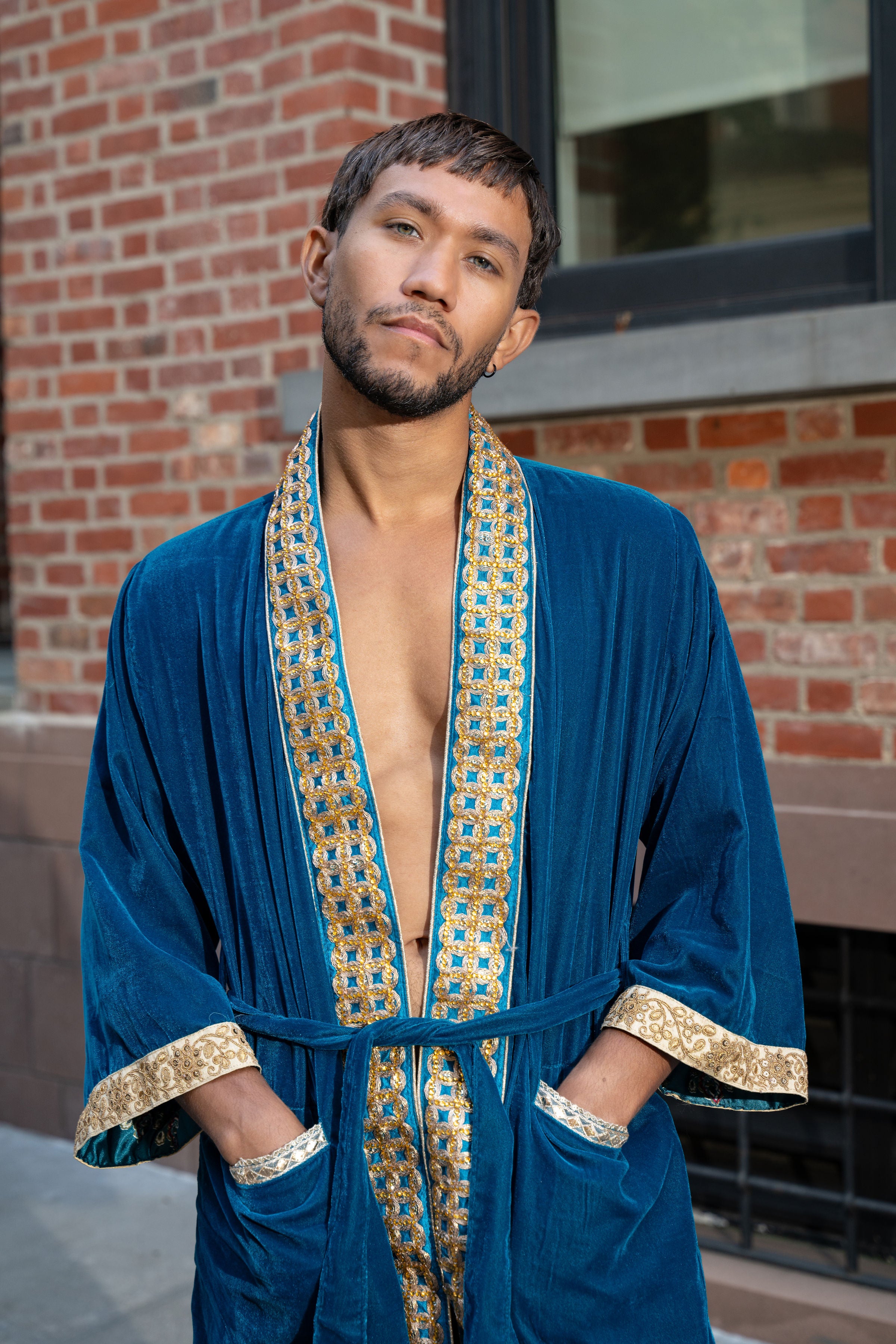 Teal Velvet Kimono - Sky